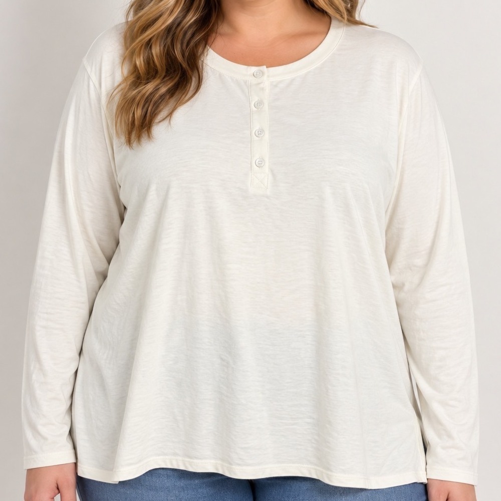 Lands End Plus Size 2X Ivory Cotton Blend Henley Long Sleeve Shirt Minimalist